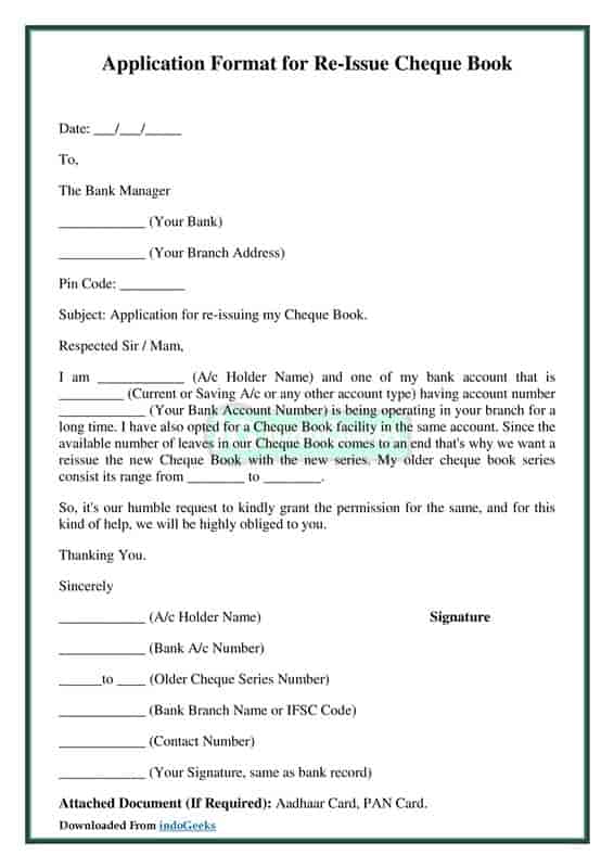 Format Application for Re-Issue Cheque Book
