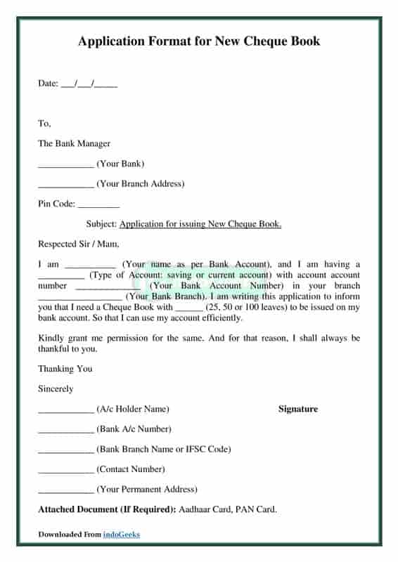 Format for New Cheque Book Application