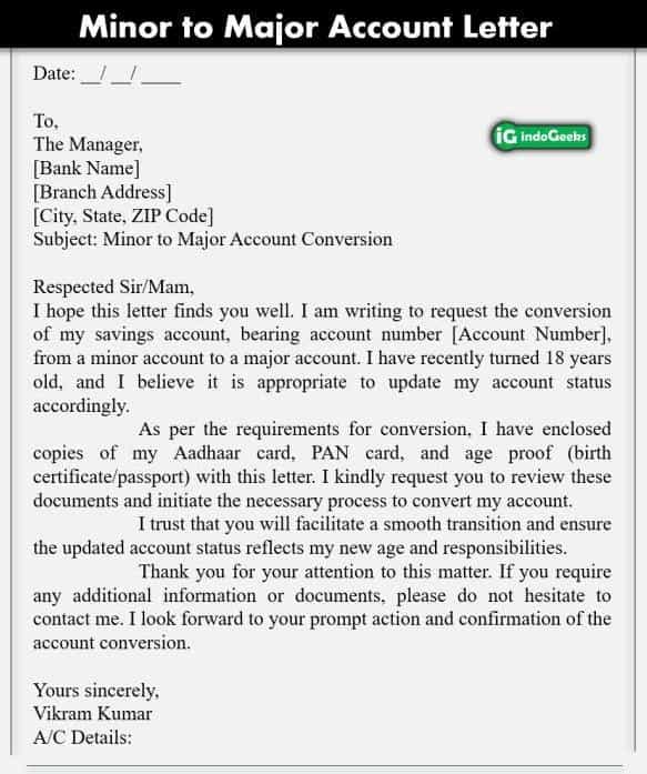 application letter to bank for minor to major